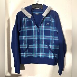 Le Tigre Blue Plaid Zip-Up Hoodie with Fur Trim Size XL